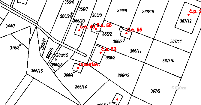 Pávov 53, Jihlava na parcele st. 366/3 v KÚ Pávov, Katastrální mapa