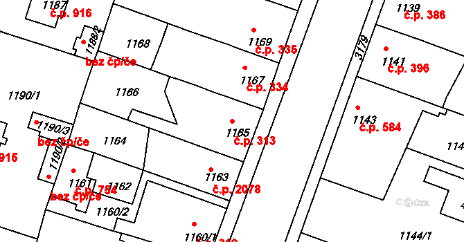 Čelákovice 313 na parcele st. 1165/1 v KÚ Čelákovice, Katastrální mapa