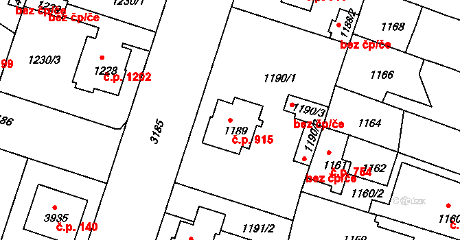 Čelákovice 915 na parcele st. 1189 v KÚ Čelákovice, Katastrální mapa