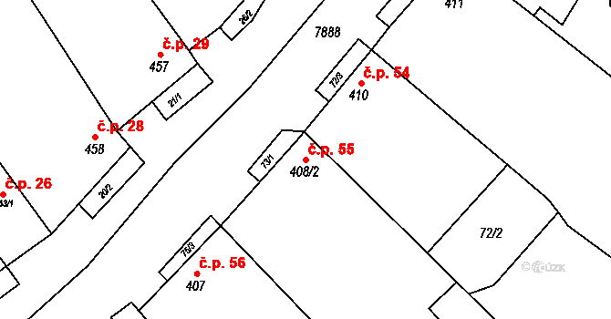 Dambořice 55 na parcele st. 408/2 v KÚ Dambořice, Katastrální mapa
