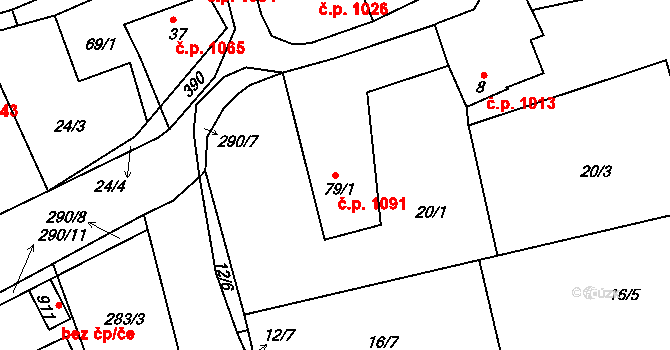 Švermov 1091, Kladno na parcele st. 79/1 v KÚ Hnidousy, Katastrální mapa