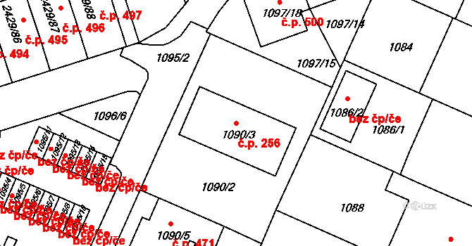 Dačice V 256, Dačice na parcele st. 1090/3 v KÚ Dačice, Katastrální mapa