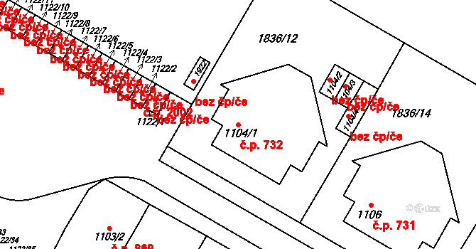 Uničov 732 na parcele st. 1104/1 v KÚ Uničov, Katastrální mapa