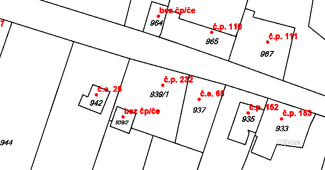 Podlesí 232, Valašské Meziříčí na parcele st. 939/1 v KÚ Křivé, Katastrální mapa