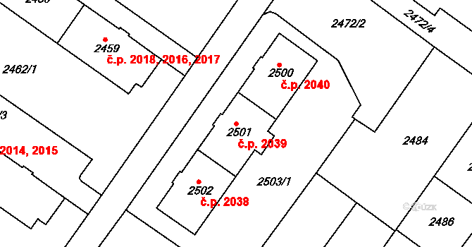 Žabovřesky 2039, Brno na parcele st. 2501 v KÚ Žabovřesky, Katastrální mapa