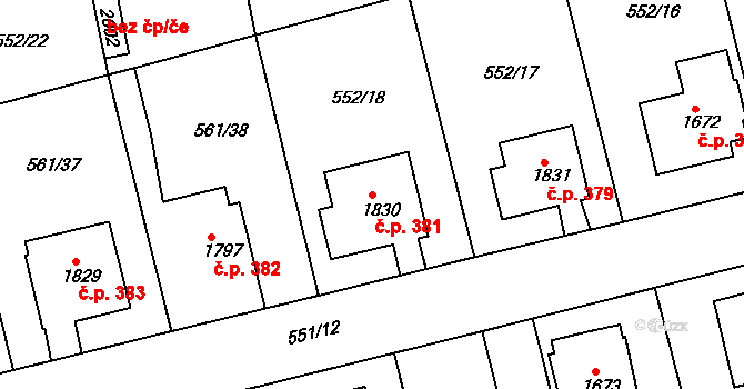 Nový Bydžov 381 na parcele st. 1830 v KÚ Nový Bydžov, Katastrální mapa