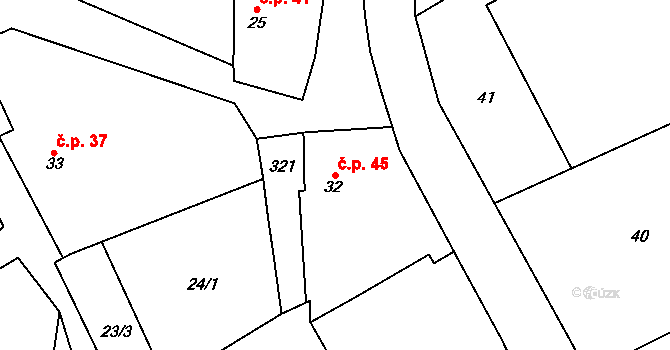 Mančice 45, Dolní Chvatliny na parcele st. 32 v KÚ Mančice, Katastrální mapa
