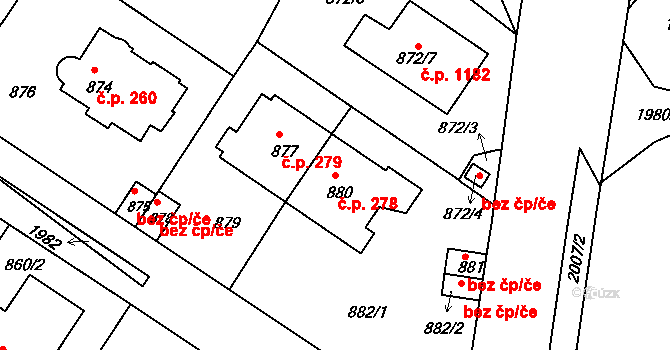 Podolí 278, Praha na parcele st. 880 v KÚ Podolí, Katastrální mapa