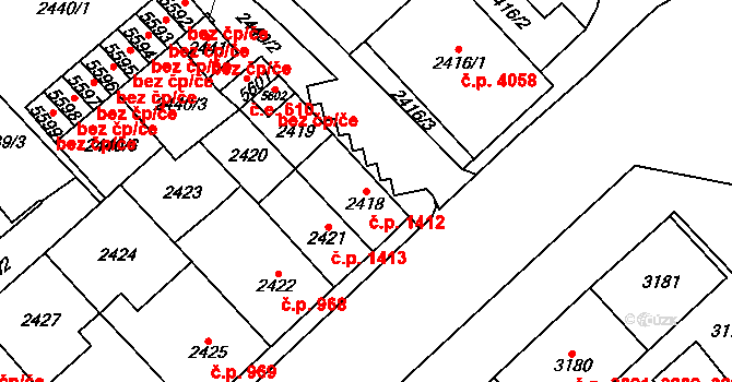 Chomutov 1412 na parcele st. 2418 v KÚ Chomutov I, Katastrální mapa