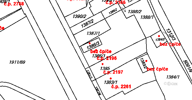 Chomutov 2196 na parcele st. 1386/1 v KÚ Chomutov II, Katastrální mapa