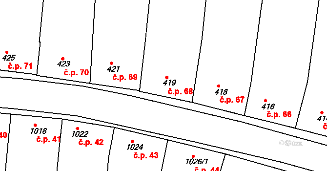 Blučina 68 na parcele st. 419 v KÚ Blučina, Katastrální mapa