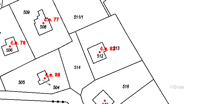 Řícmanice 82 na parcele st. 512 v KÚ Řícmanice, Katastrální mapa