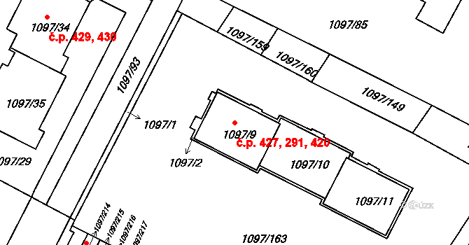 Křimice 291,420,427, Plzeň na parcele st. 1097/10 v KÚ Křimice, Katastrální mapa