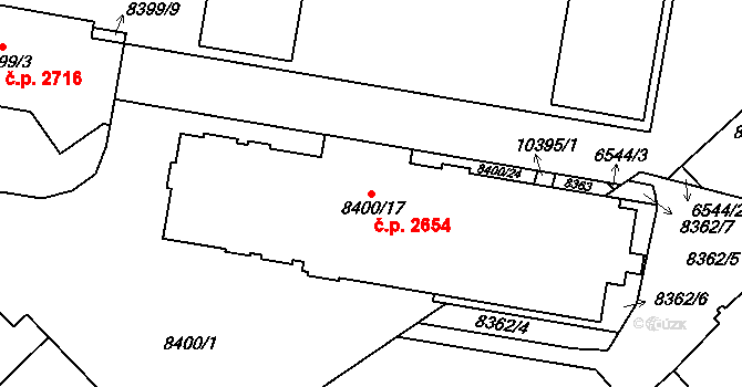Jižní Předměstí 2654, Plzeň na parcele st. 8400/17 v KÚ Plzeň, Katastrální mapa
