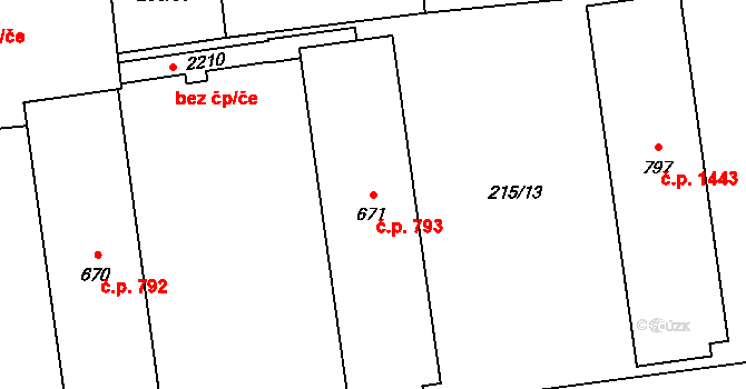 Hrabůvka 793, Ostrava na parcele st. 671 v KÚ Hrabůvka, Katastrální mapa