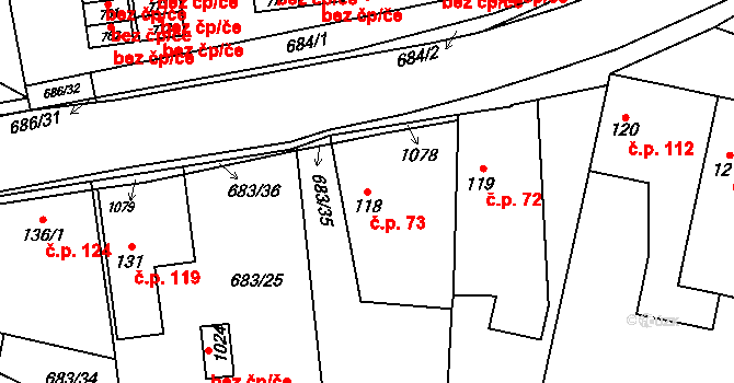 Velký Osek 73 na parcele st. 118 v KÚ Velký Osek, Katastrální mapa