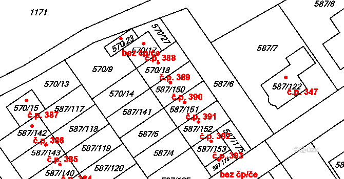 Syrovice 390 na parcele st. 587/150 v KÚ Syrovice, Katastrální mapa