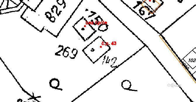 Dolní Rokytá 43, Rokytá na parcele st. 142 v KÚ Dolní Rokytá, Katastrální mapa