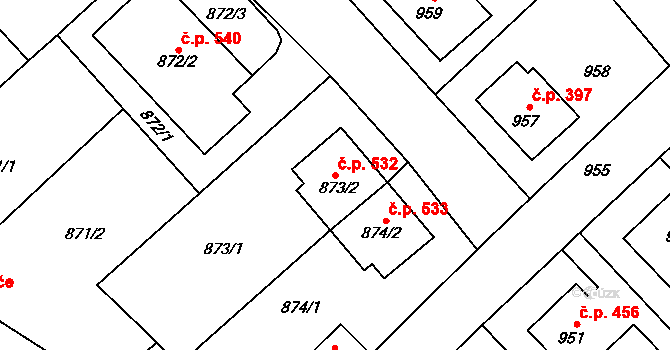 Měřín 532 na parcele st. 873/2 v KÚ Měřín, Katastrální mapa