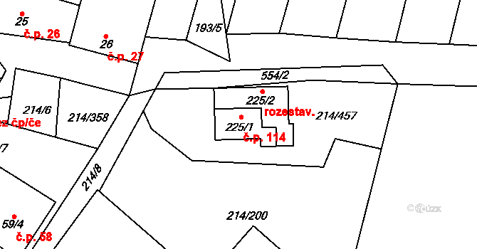 Prostějovičky 114 na parcele st. 225/1 v KÚ Prostějovičky, Katastrální mapa