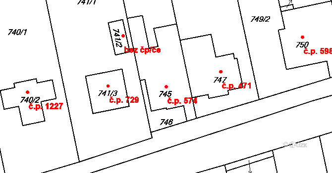 Kylešovice 574, Opava na parcele st. 745 v KÚ Kylešovice, Katastrální mapa