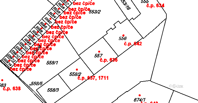 Předměstí 636, Opava na parcele st. 557 v KÚ Opava-Předměstí, Katastrální mapa
