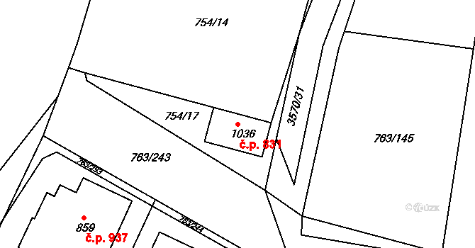 Ostrožské Předměstí 831, Uherský Ostroh na parcele st. 1036 v KÚ Ostrožské Předměstí, Katastrální mapa
