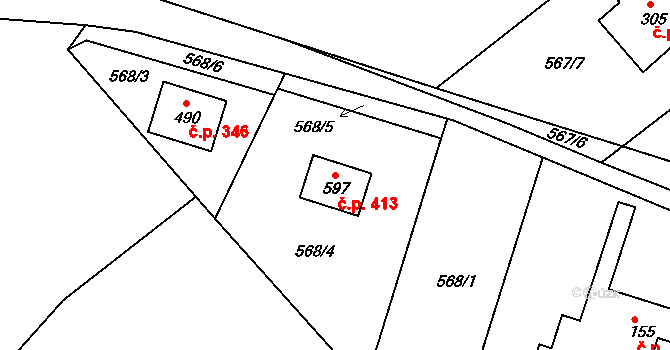 Chrást 413, Tišice na parcele st. 597 v KÚ Chrást u Tišic, Katastrální mapa