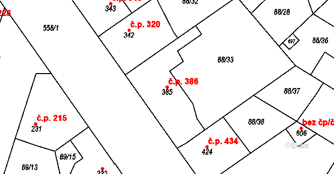 Mikovice 386, Kralupy nad Vltavou na parcele st. 385 v KÚ Mikovice u Kralup nad Vltavou, Katastrální mapa