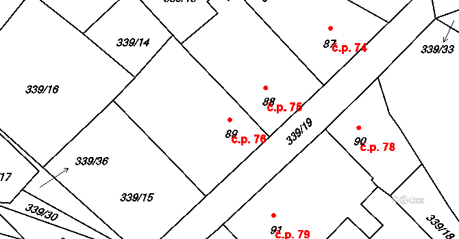Borovy 76 na parcele st. 89 v KÚ Borovy, Katastrální mapa