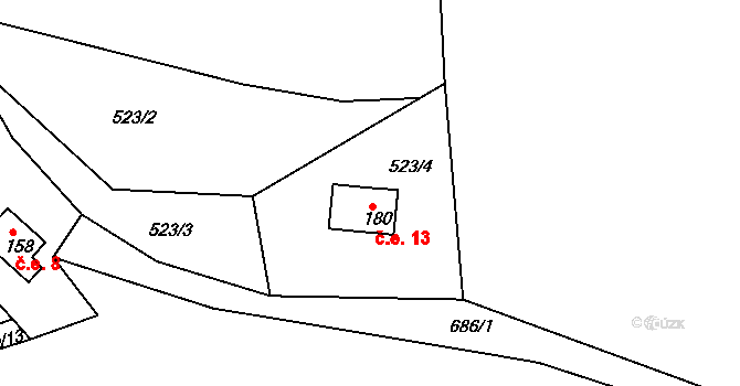 Bělý 13, Machov na parcele st. 180 v KÚ Bělý, Katastrální mapa