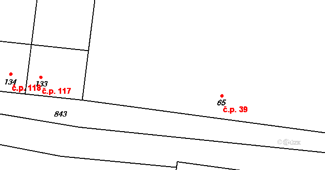 Hřivčice 39, Peruc na parcele st. 65 v KÚ Hřivčice, Katastrální mapa