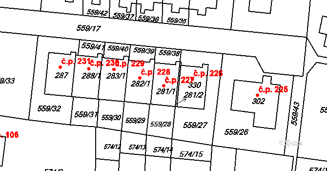 Herálec 227 na parcele st. 281/1 v KÚ Herálec, Katastrální mapa