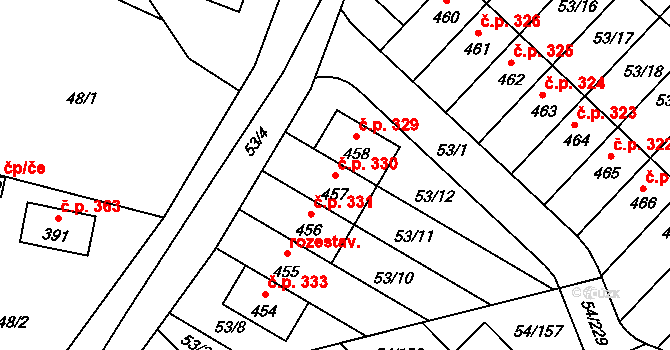 Postřižín 330 na parcele st. 457 v KÚ Postřižín, Katastrální mapa