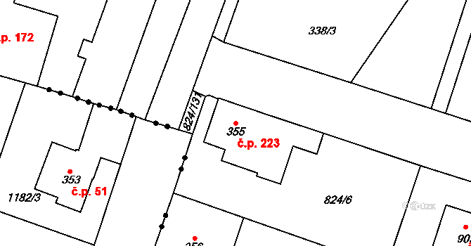 Doudleby nad Orlicí 223 na parcele st. 355 v KÚ Doudleby nad Orlicí, Katastrální mapa
