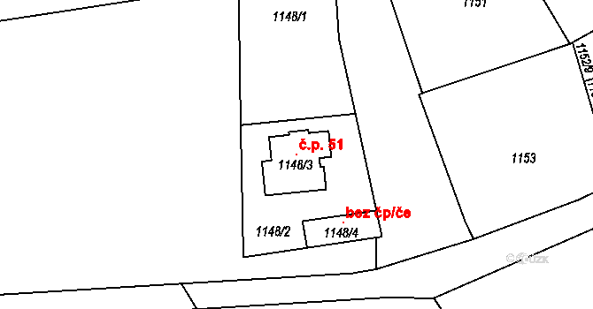Červený Újezd 51, Zbůch na parcele st. 1148/3 v KÚ Červený Újezd u Zbůchu, Katastrální mapa
