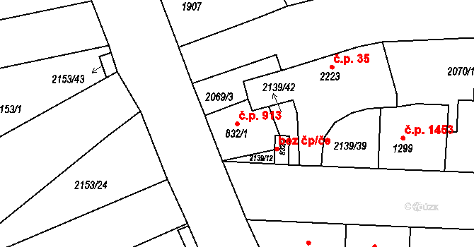 Jablonec nad Nisou 913 na parcele st. 832/1 v KÚ Jablonec nad Nisou, Katastrální mapa