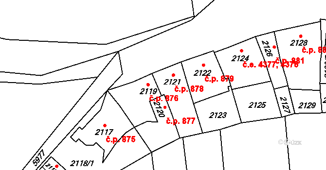 Jihlava 878 na parcele st. 2121 v KÚ Jihlava, Katastrální mapa