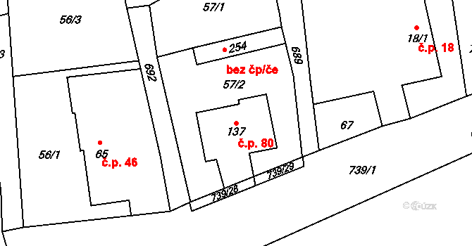 Kunětice 80 na parcele st. 137 v KÚ Kunětice, Katastrální mapa
