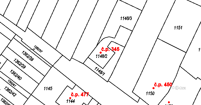 Sokolnice 345 na parcele st. 1148/2 v KÚ Sokolnice, Katastrální mapa