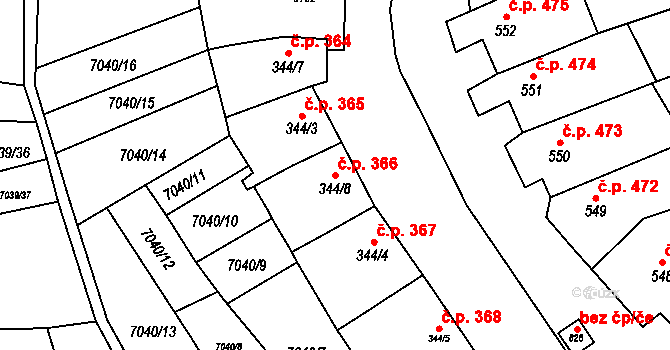 Dambořice 366 na parcele st. 344/8 v KÚ Dambořice, Katastrální mapa
