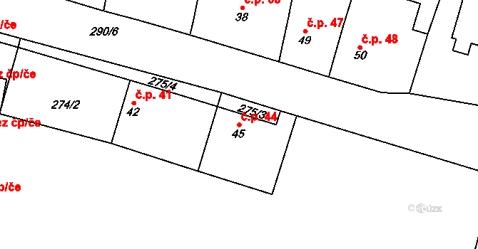 Třebín 44, Dubné na parcele st. 45 v KÚ Třebín, Katastrální mapa