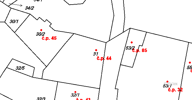 Malešov 44, Hoštka na parcele st. 31 v KÚ Malešov u Hoštky, Katastrální mapa