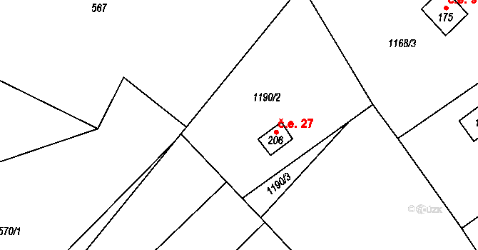 Hrádek 27 na parcele st. 206 v KÚ Hrádek u Jehnědí, Katastrální mapa