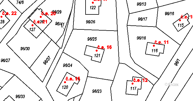 Rašovice 16, Klášterec nad Ohří na parcele st. 121 v KÚ Rašovice u Klášterce nad Ohří, Katastrální mapa