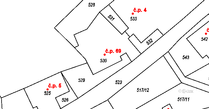 Pudlov 69, Bohumín na parcele st. 530 v KÚ Pudlov, Katastrální mapa