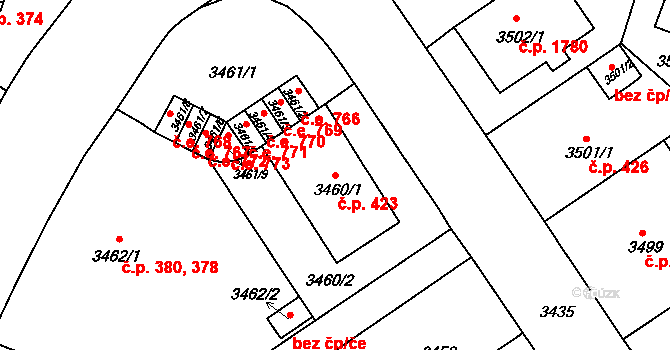 Černá Pole 423, Brno na parcele st. 3460/1 v KÚ Černá Pole, Katastrální mapa
