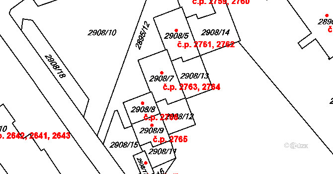 Teplice 2763,2764 na parcele st. 2908/7 v KÚ Teplice, Katastrální mapa