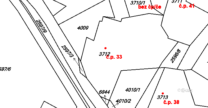 Chaloupky 33, Klatovy na parcele st. 3712 v KÚ Klatovy, Katastrální mapa