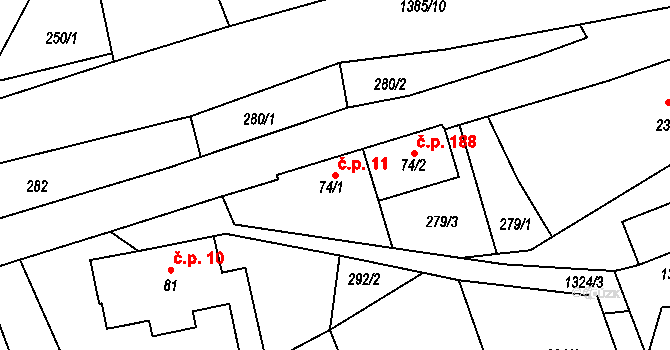 Kvasiny 11 na parcele st. 74/1 v KÚ Kvasiny, Katastrální mapa